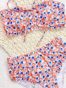 Swim Mod Random Print Ruffle Hem Swimsuits Bikini For Women, Beach Summer Outfits - Multicolor - View 4
