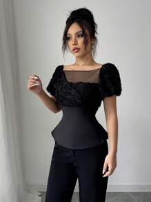 Elenzga Top court élégant unique français, chemise femme avec manches bouffantes à empiècement noir et taille cintrée, convient pour le travail, les rendez-vous, les fêtes, le carnaval, Pâques, les festivals de musique, le printemps/l'été