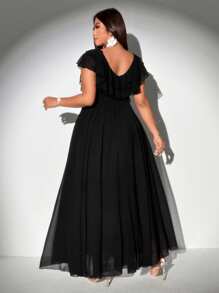 Viva Relle 女士加大码优雅浪漫系带深 V 领荷叶边袖 A 字形雪纺连衣裙 - 黑色 - 查看 6