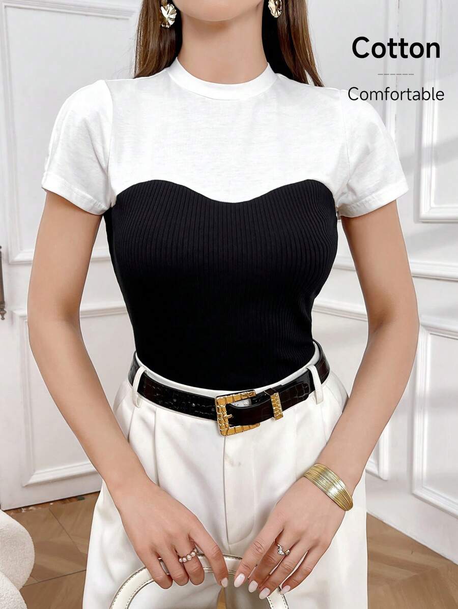 Modelyn 女士夏季拼色立領短袖休閒時尚T恤 - 黑與白 - 查看 1