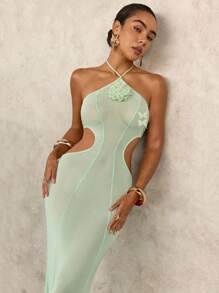 SHEIN Swim Vestido de malla con flores verde claro estilo sirena para mujer, vestido elegante y sexy de corte ceñido verde menta con diseño calado para cubrir traje de baño, para primavera/verano