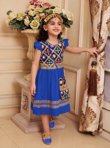 Vestido ligero para niñas durante el Ramadán con panel frontal con estampado geométrico, cuello redondo, cintura fruncida en la espalda, mangas de campana, falda de volantes con ribete de encaje, bolso de tela estampado a juego, apto para exteriores y fiestas, verano - Azul - Ver 5
