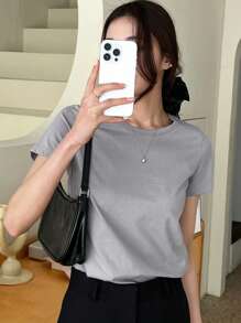 DAZY 纯色圆领T恤，商务休闲女式学院风上衣 - 淺灰色 - 查看 9