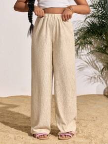 SHEIN Tween Girls Casual Solid Color Straight Leg Pants - Apricot - View 4