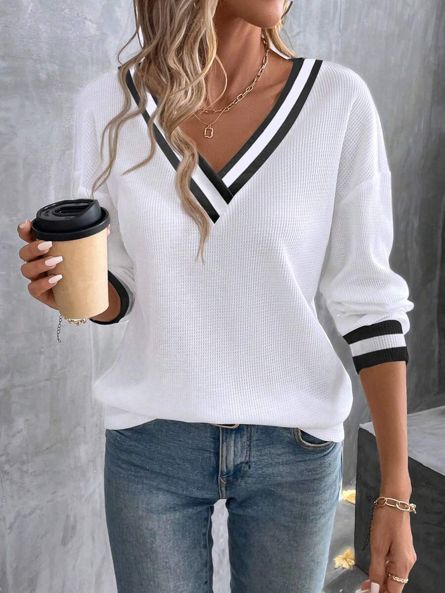 SHEIN LUNE Women's Casual Simple Contrast Color Stripe Raglan T-Shirt Fall Cloth For Women - Multicolor - View 1