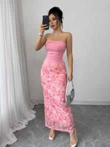 Elenzga Mini vestido feminino elegante com estampa de flor rosa sexy e amarrada - Rosa - Ver 1