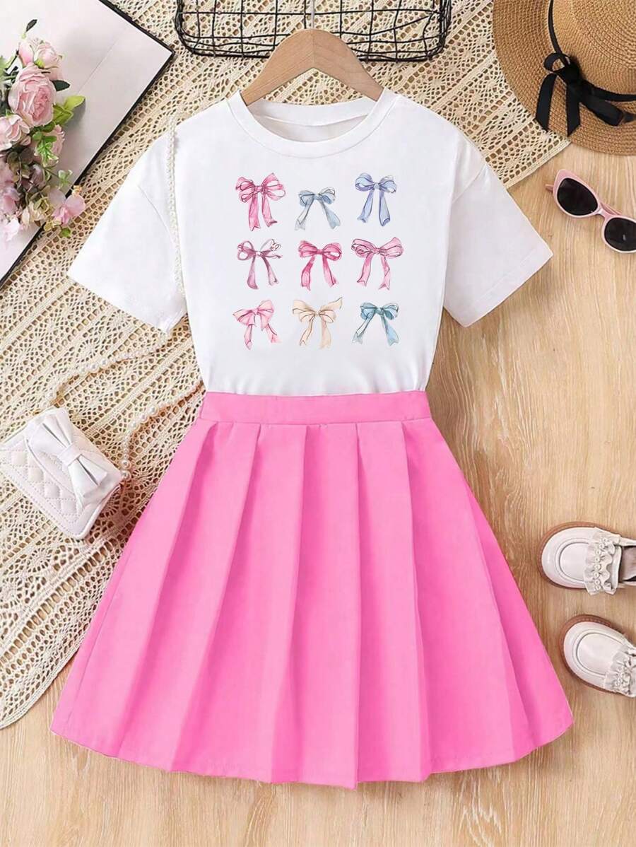 Bộ 2 áo thun tay ngắn in nơ và chân váy xếp ly cho bé gái - Hồng - Xem 1