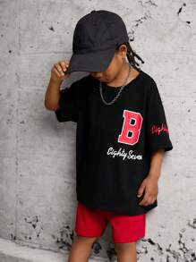 SHEIN 2pcs/Set Young Boy Casual Letter Print Patchwork Round Neck Drop Shoulder Short Sleeve T-Shirt And Shorts Set,Summer New Design For Vacation,School - Multicolor - View 5