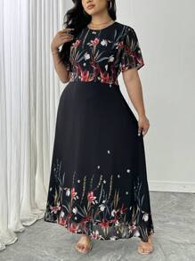 SHEIN LUNE Vestido casual elegante de manga corta con cuello redondo y estampado floral para mujer de talla grande