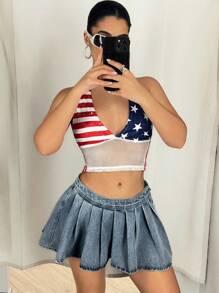 SHEIN ICON Váy mini denim ngắn thường ngày xếp ly cạp thấp cho nữ - Rửa trung bình - Xem 6