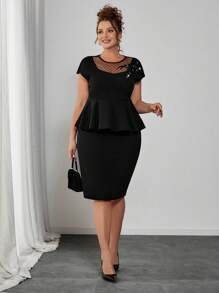 SHEIN Clasi 大码女式花卉装饰拼布波尔卡圆点网眼上衣和中长裙优雅两件套