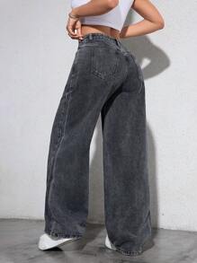 SHEIN PETITE Ladies' Pocket Decor Loose Wide Leg Casual Versatile Jeans - Grey - View 3