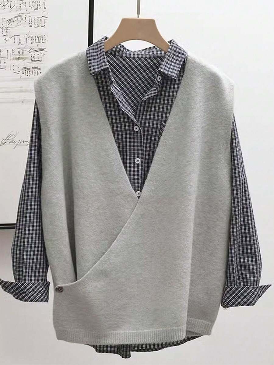 女款不对称针织背心,宽松修身简约V领无袖马甲,春夏新品 - 灰色 - 查看 1