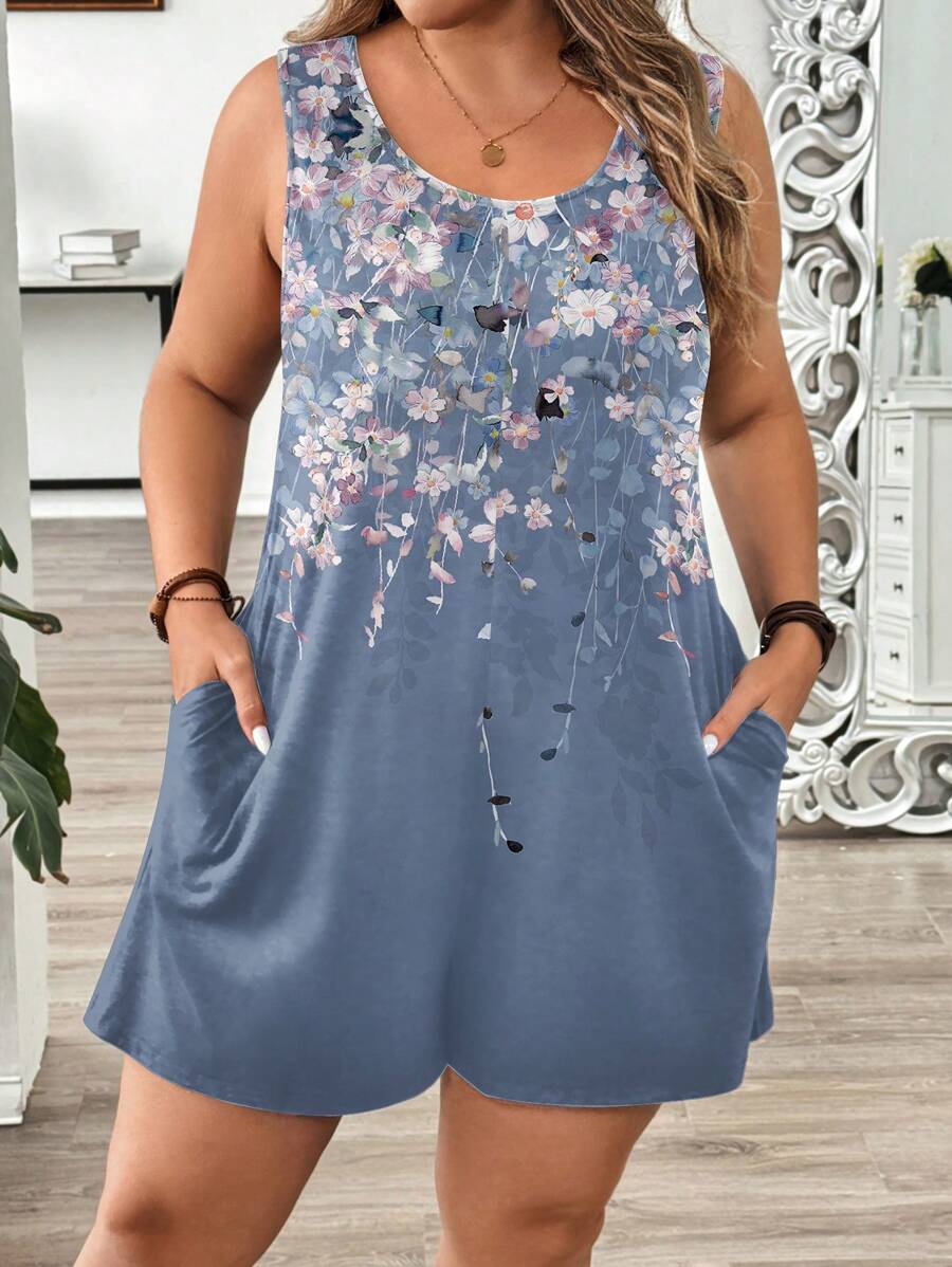 EMERY ROSE Casual Plus Size Jumpsuit With Ombre Floral Print - Multicolor - View 1