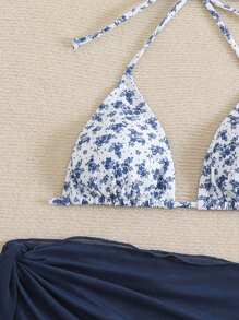 Swim Mod Bộ bikini hở cổ yếm cho nữ kèm váy che phủ màu trơn - Màu xanh hải quân - Xem 3
