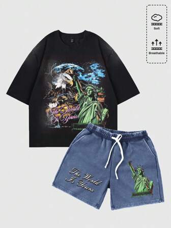 Street Life Herren Boxy Passform T-Shirt Set (gewaschenes T-Shirt + gewaschene Shorts)