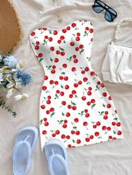 Soleia Women's Cherry Print Fashionable Tube Bodycon Mini Dress,Vacation Outfits Women Suitable For Going Out Chic Dress