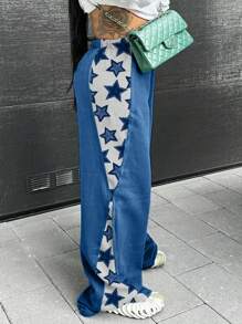 INAWLY Plus Size Women's Star Print Patchwork Casual Sweatpants Graduation,Back To School Outfits,Graduation,Teacher Outfits For Women,Back To School - Blue - View 2