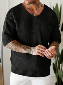 Manfinity Homme Men's Solid Color Round Neck Short Sleeve Pocket Casual Knit Sweater Pullover Sweater Men Men Knit Tops Knit Top Men