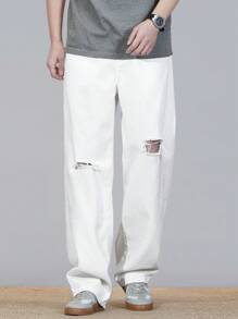 Manfinity Homme Heren Casual Distressed Plain Denim Jeans, Veelzijdig