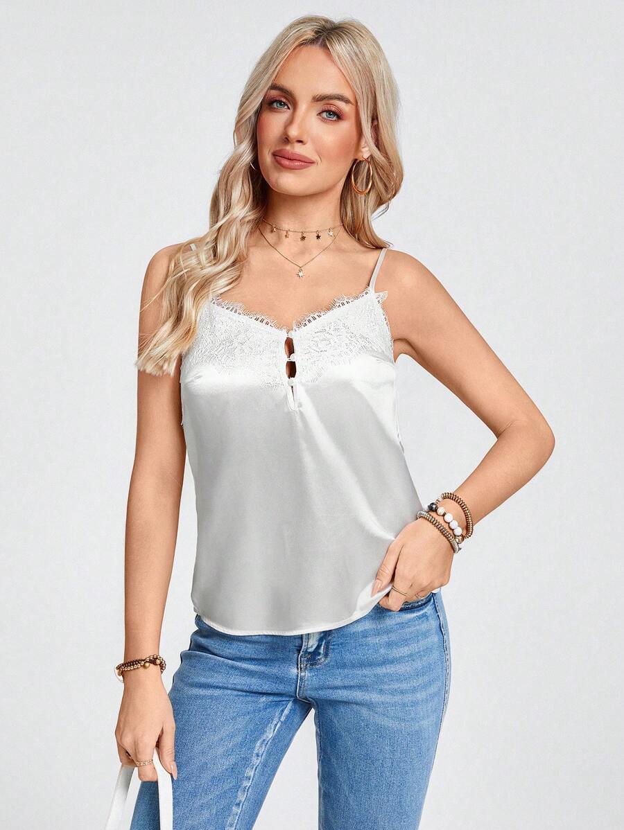 SHEIN LUNE Western Wear Women Country Concert Women's Spaghetti Strap Lace Splice Camisole Top, Ice Blue - Beige - View 1