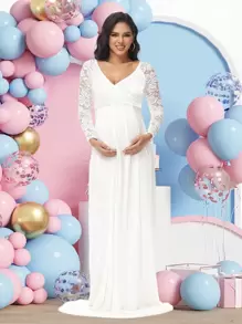 Schwangerschaftskleid im Maxilänge mit Spitze V-Ausschnitt und Langarm für Fotoshooting, Babyparty - Weiss - Übersicht 1