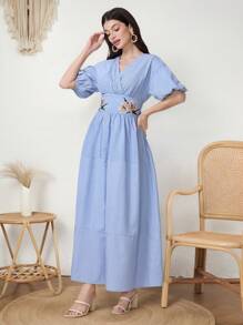 Mulvari 女士花卉印花泡泡袖连衣裙，优雅 - 藍色 - 查看 1