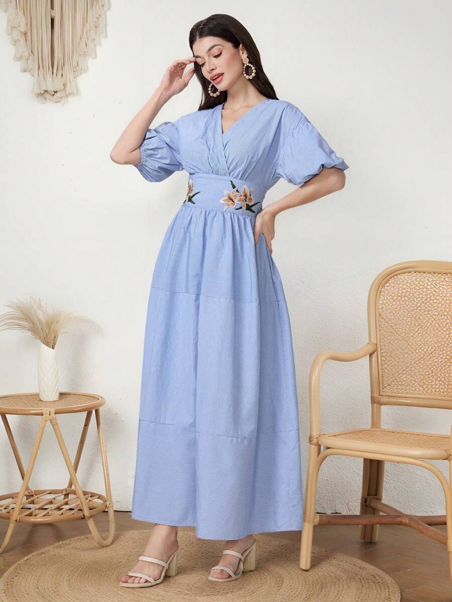 Mulvari 女士花卉印花泡泡袖连衣裙，优雅 - 藍色 - 查看 1