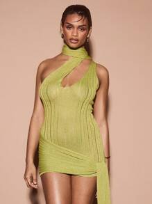 KIZN Vestido mini de punto con lurex de diseñador, con detalle de pañuelo en un solo hombro, para fiesta, noche de club, vacaciones, Año Nuevo, vestido con brillo metálico llamativo - verde menta - Ver 4