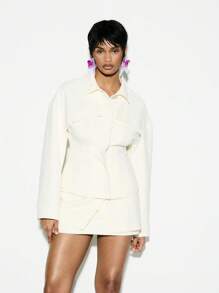 KIZN Tailored Cinch Waist Shirt Blouse Business Professional Long Sleeve Fitted Office Work Button Down Collared Top Spring Fall Winter - Beige - View 1