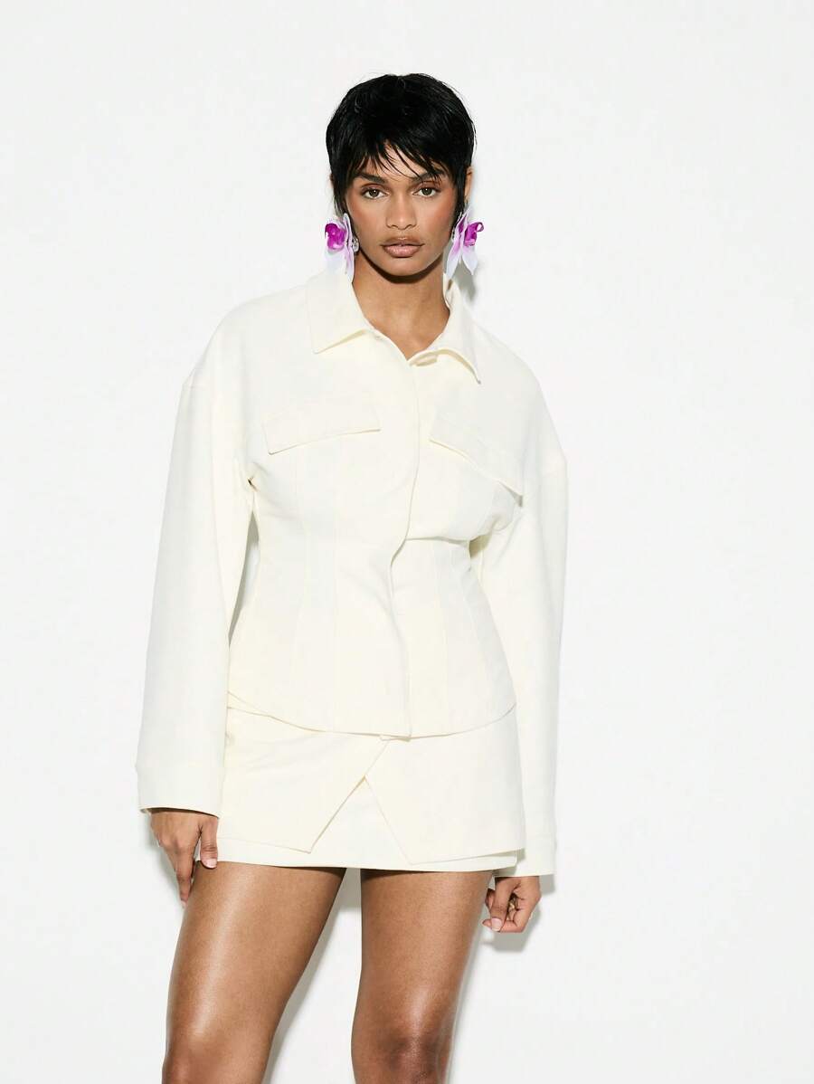 KIZN Tailored Cinch Waist Shirt Blouse Business Professional Long Sleeve Fitted Office Work Button Down Collared Top Spring Fall Winter - Beige - View 1