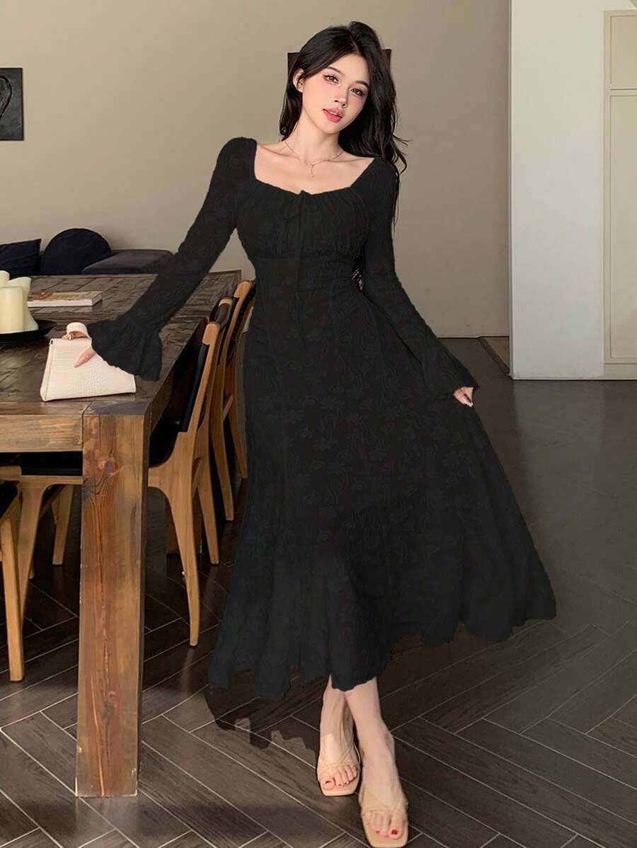 Wynsel 女士优雅黑色长袖纹理面料连衣裙优雅、荷叶边、秋季连衣裙 - 黑色 - 查看 1