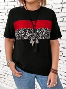 EMERY ROSE Plus Size Women's Leopard Print Splice Short Sleeve T-Shirt Graphic Cheetah Print Tees Women Tops - Multicolor - View 3