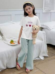 DAZY 2 件套 Tween Girl 圆领针织短袖熊印花 T 恤 + 编织格子裤，春夏套装 - 薄荷綠 - 查看 5