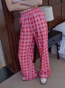 Jouncy Women's Contrast Plaid Pattern Pink Casual Pants Fall Cloth For Women