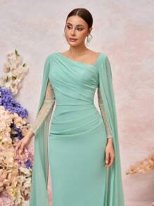 SHEIN Belle Váy dài đuôi cá xếp nếp tay lỡ đính đá Rhinestone sang trọng thanh lịch, thích hợp cho đám cưới, tiệc tùng, hẹn hò, dạ hội, váy phù dâu (người lớn) - màu xanh lá - Xem 2