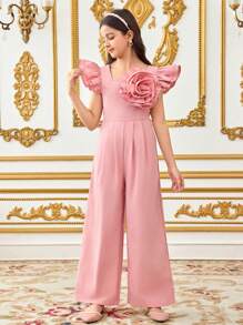 SHEIN Leap Crew Tween Girls Woven Solid Color 3D Flowers Decorated Square Neck Ruffled Elegant Pink Jumpsuit, Light Pink, Suitable For Spring Outings, Pastoral Style, Garden Afternoon Tea, Casual Outings,Valentine Day Tween Girl,Flower Girl - Pink - View 5