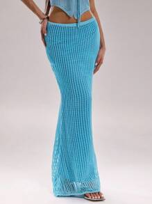 SHEIN BAE Women's Vacation Style Solid Color Low Waist Extra-Long Knit Skirt Crochet Summer Outfits For Women Vacation Outfits Woman Spring Outfits For Women Beach Outfits For Woman Western Wear Women Vacation Outfits Women Cover Ups For Swimwear Long Skirt
