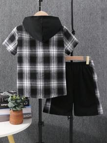2pcs/Set Tween Boys Casual Plaid Short Sleeve Hooded Shirt & Plaid Patchwork Shorts, Summer - Black - View 2
