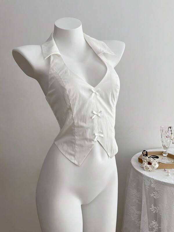 Lunelith SHEIN Lunessa Camisa ceñida de cuello en V profundo con lazo y cuello de halter sexy