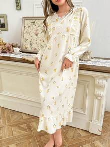 CottageSlumber Floral Pattern Lace Trim Romantic Women's Nightgown - Multicolor - View 4