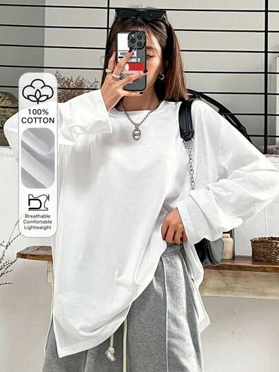 DAZY Solid Drop Shoulder Split Hem Tee,Fall Clothes Long Sleeve Women Tops