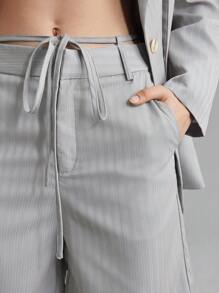 Ontre 2pcs Women Striped Blazer & Shorts Suit Set, Casual Office Wear, Gray Suit, Spring/Summer, - Light Grey - View 6