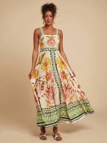 Travachic Vestido con tirantes espalda descubierta con estampado floral, adecuado para vacaciones, atuendos de verano para mujer, ropa de mujer para vacaciones tropicales, vestidos de verano para mujer