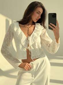 Aloruh 女士纯色拼布荷叶边前系带时尚衬衫