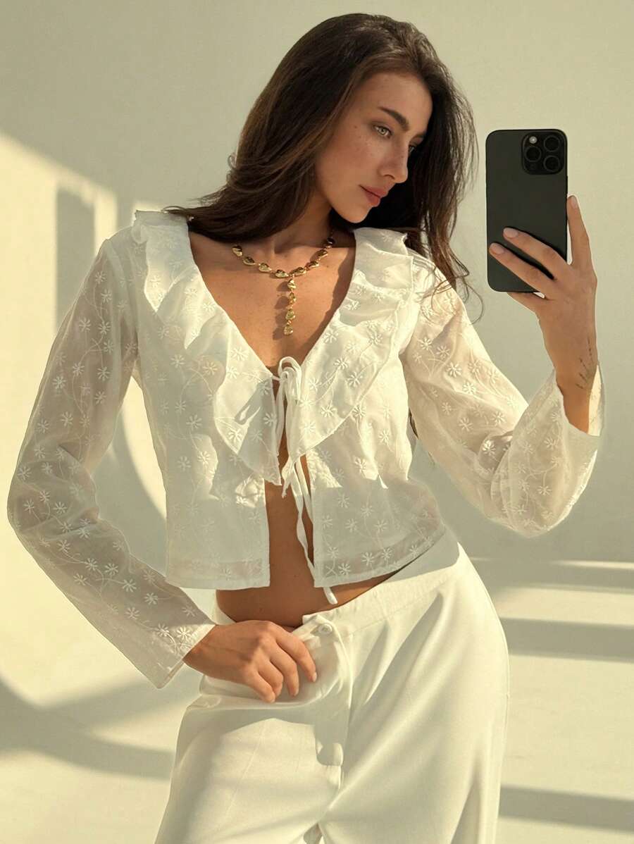 Aloruh 女士纯色拼布荷叶边前系带时尚衬衫