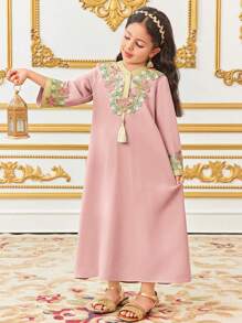 SHEIN Young Girl Loose Casual Extra Long Gold Thread Ribbon Tassel Loose Robe - Pink - View 3