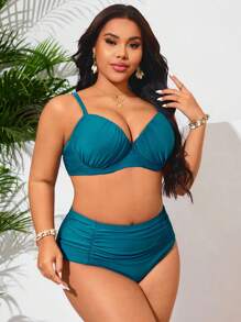 Swim Lushoire 大码女式全新纯色带衬垫钢圈三角形两件套泳衣套装，可调节肩带，高腰下装，褶皱胸部凸显优雅上衣和下装，端庄的海滩泳装