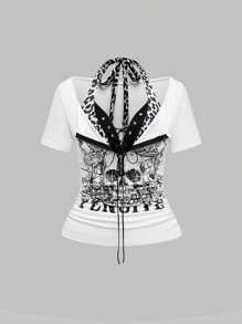 ROMWE Grunge Punk Kpop Cross Pendant Punk Skull Print 2 In 1 Leopard Pattern Bodycon T-Shirt For Women, Concert Festival Halter Top - White - View 5