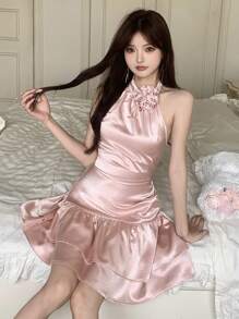 DAZY 3D Floral Decor Halter Satin Satin Cake Design Hollow-Out Backless Ladies Dress For Wedding & Banquet Summer Prom Dress Party Women Sundress